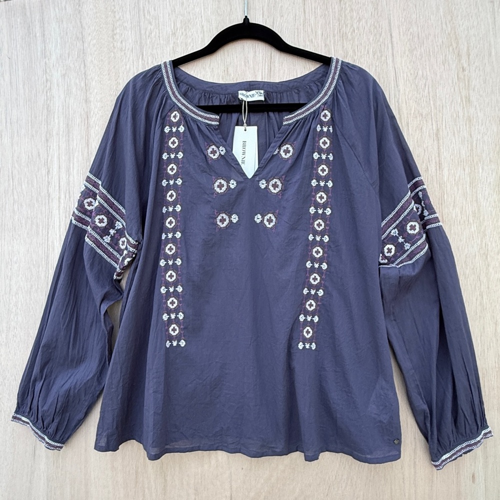 NWT Boho Embroidered Peasant Tunic in Slate Blue May Blouse from Brownie Small
